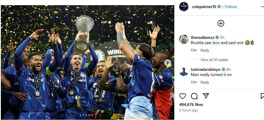 Tosin Adarabioyo commented on Cole Palmer's Instagram post